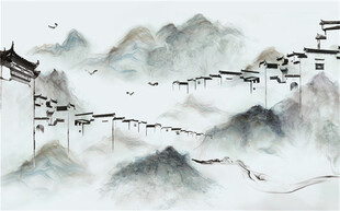新中式水墨山水背景墙窗帘