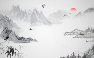 新中式水墨山水背景墙窗帘