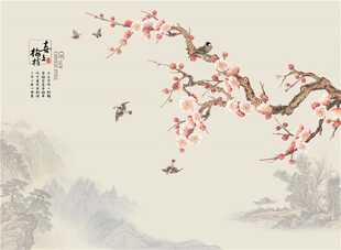 新中式水墨山水背景墙窗帘