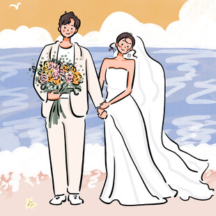 卡通手绘婚纱情侣海边蓝色人形牌