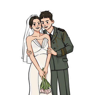 手绘卡通情侣婚纱照半身照头像白