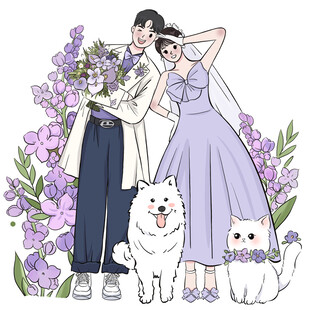 紫色系手绘婚纱立牌情侣请柬卡片