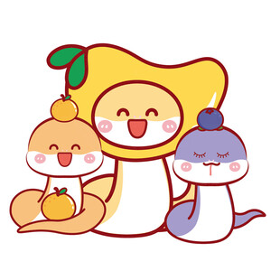 3只蛇宝宝水果头套卡通插画芒