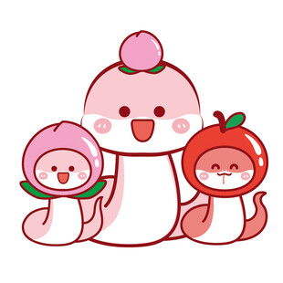 3只蛇水果头套水蜜桃卡通插画
