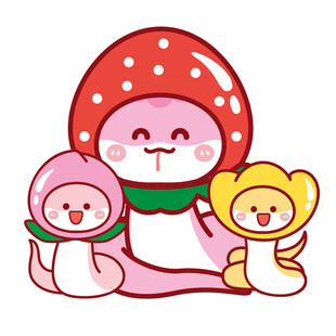 3只蛇宝宝水果头套草莓插画卡通
