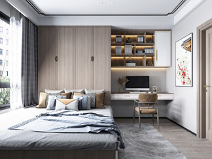 卧室小空间榻榻米书桌床现代装修