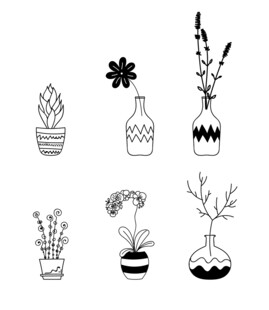 黑白线描盆栽绿植矢量元素
