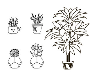 黑白线描盆栽绿植矢量元素