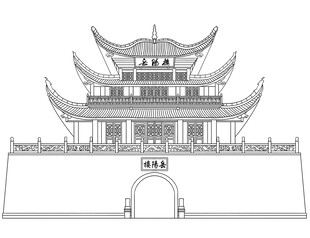 岳阳楼原创手绘风元素线稿古建筑