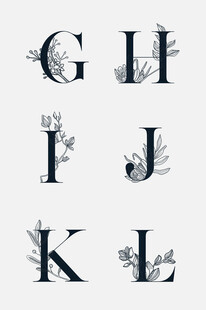 手绘线描花卉英文字母艺术字