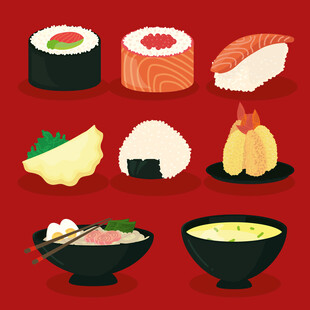 寿司拉面饭团卡通插画