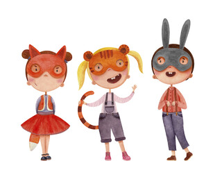 带面具的可爱小孩水彩插画
