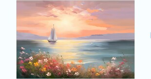 天边晚霞海景油画装饰画