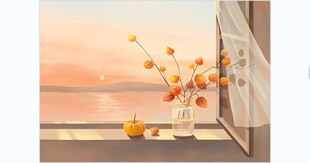 窗边晚霞花卉油画装饰画