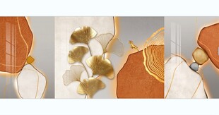 金色银杏叶几何石头三联装饰画