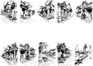 ai矢量线描建筑风景图