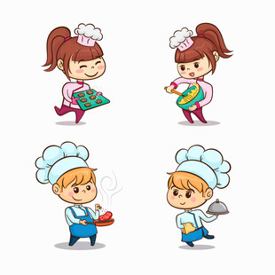 可爱厨师男孩女孩插画