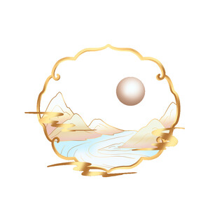 国潮鎏金山水边框素材