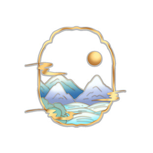 国潮鎏金山水边框素材