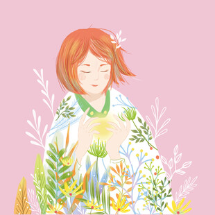 手绘鲜花女孩