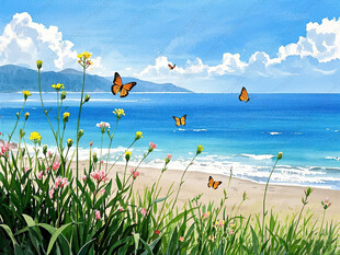 手绘水彩春暖花开的大海