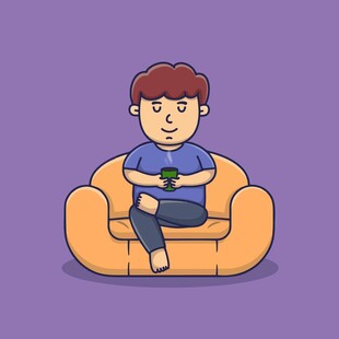 坐在橙色沙发上玩手机的卡通男孩