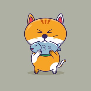 抱着小鱼的卡通橘猫