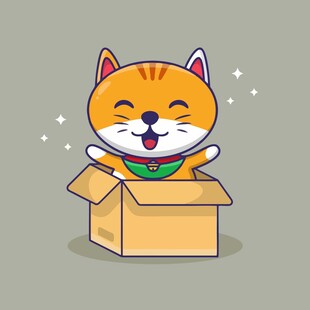 从纸箱中探出身的卡通花猫