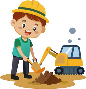 黄帽小孩操作挖掘机干活免抠图