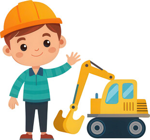 橙帽小孩站挖掘机旁招手免抠图