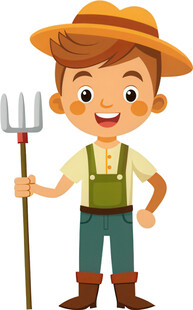 男孩扮农夫持农具劳作免抠图