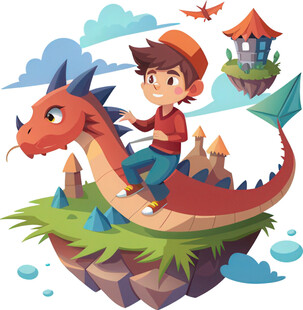 男孩骑飞龙畅游奇幻天地免抠