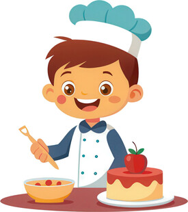 男孩扮厨师做蛋糕很认真免抠