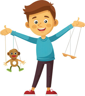 男孩玩木偶展现专注神情免抠