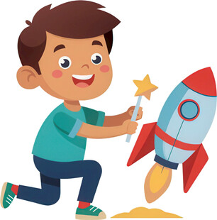 男孩玩火箭模型充满期待免抠