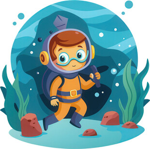 男孩扮潜水员探索海底世界免抠
