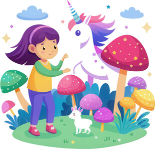 女孩置身蘑菇地似小精灵免抠