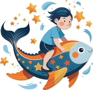 男孩骑飞鱼畅享奇幻之旅免抠