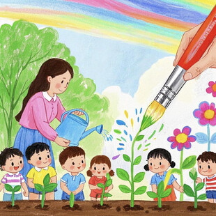 老师带学生一起种花