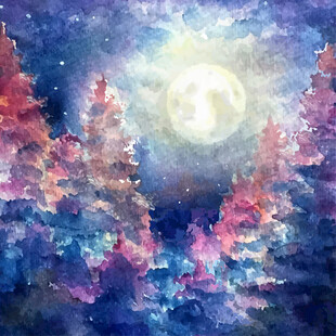 水彩绘森林上的月亮风景矢量图