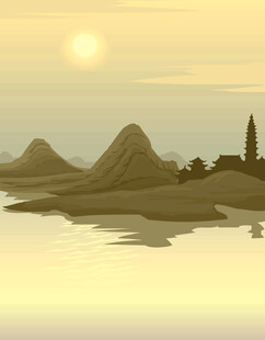 矢量黄昏日落山峰海洋插画