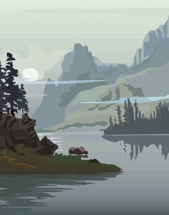 矢量山峰湖泊插画