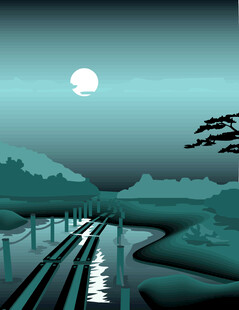 夜晚小桥河水插画