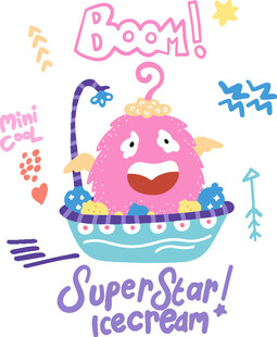 可爱粉色怪物坐冰淇淋船