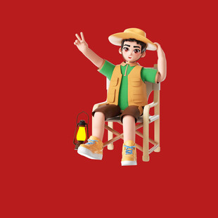 坐在梯上的卡通风小农夫