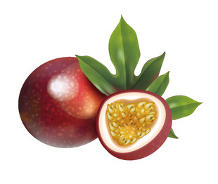 新鲜百香果 带绿叶与切面