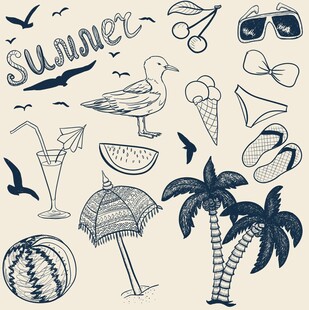夏日海滩元素手绘插画