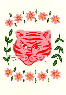 花卉环绕的老虎头像插画