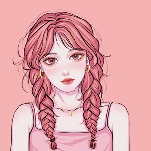 双麻花辫的甜美粉色系女孩