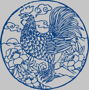 蓝白剪纸风雄鸡图案